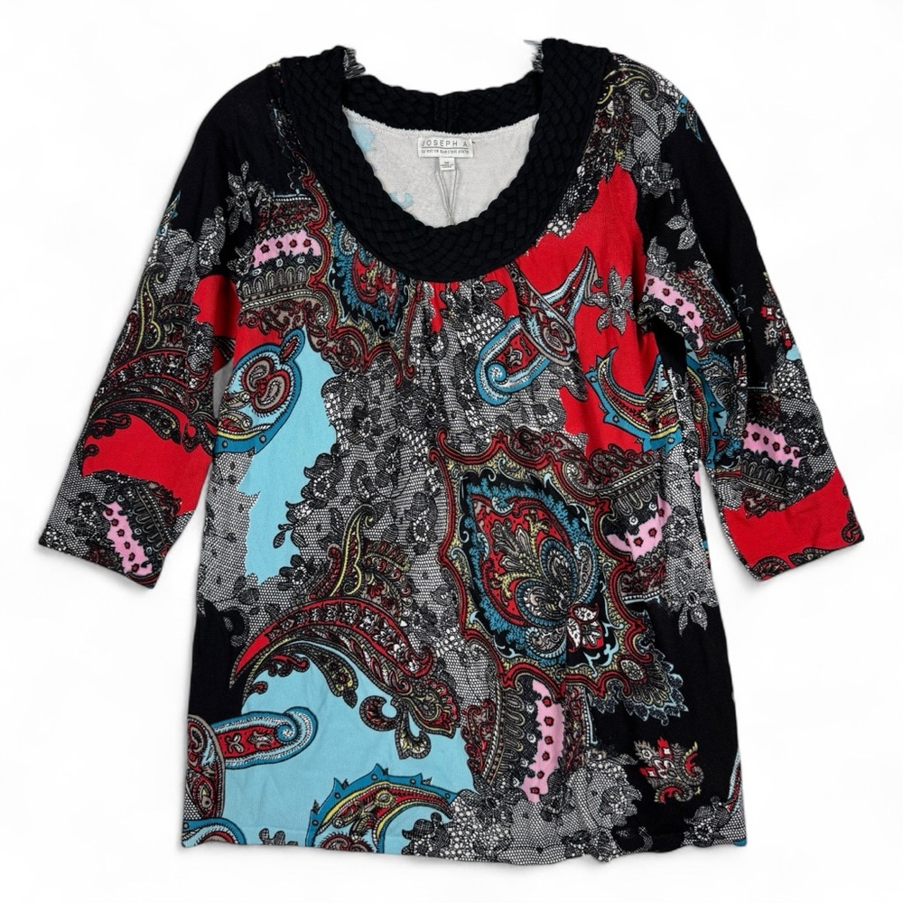 Joseph A Woven Scoop Neck Top Womens Size Medium Multicolor Paisley 3/4 Sleeves